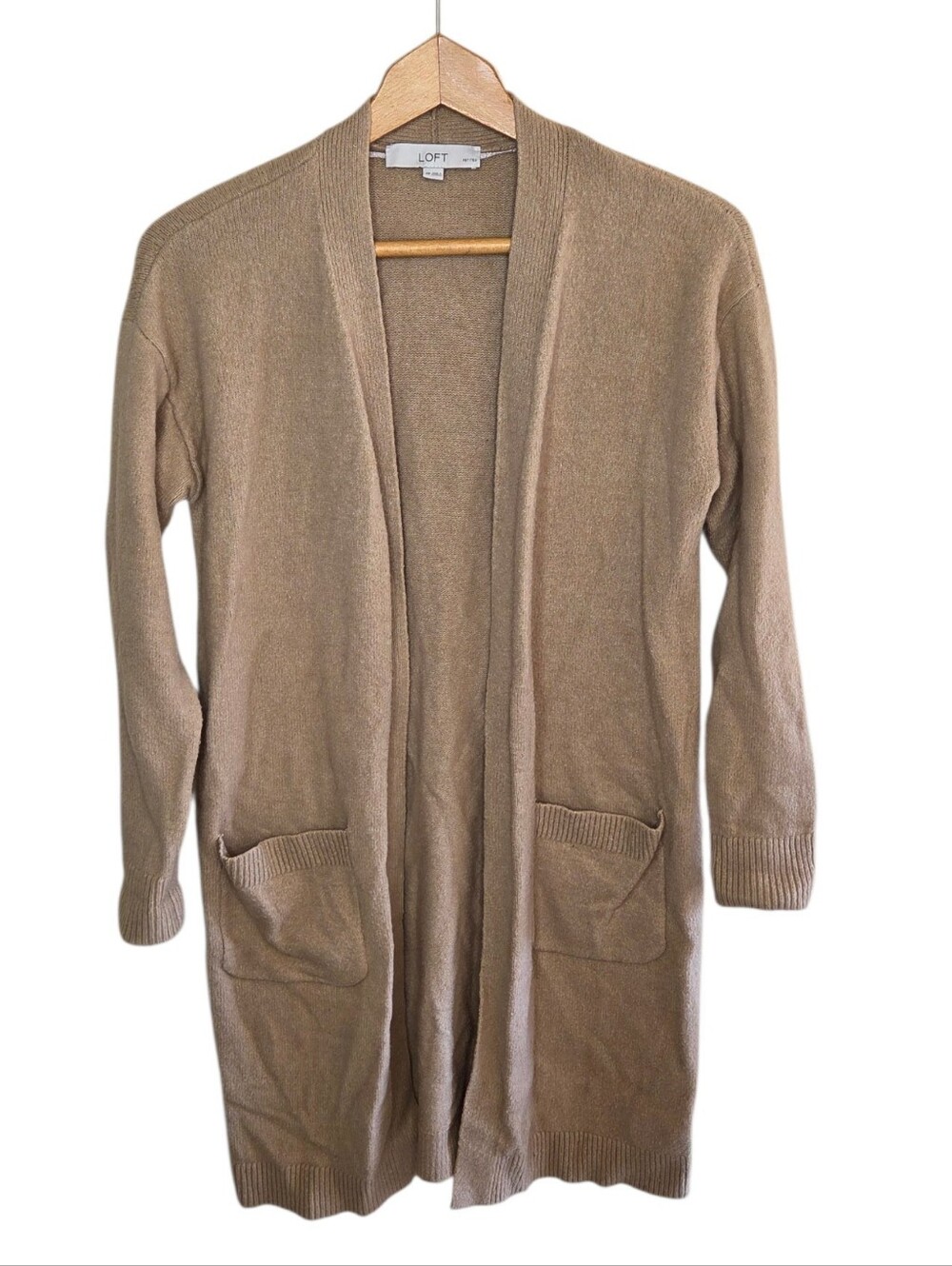 Loft Tan Long Open Front Fuzzy Cardigan Sweater Size Small Petite SP